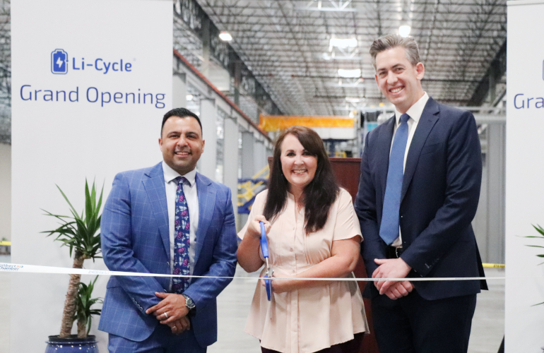 Li-Cycle’s co-founders and the Mayor of Gilbert at the Company’s Grand Opening Event for its Arizona Spoke. Left – Ajay Kochhar, President and CEO, co-founder, Li-Cycle; Middle – Brigette Peterson, Mayor, Town of Gilbert; Right – Tim Johnston, Executive Chairman and co-founder, Li-Cycle