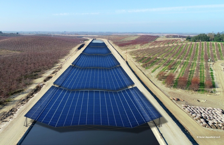 Conceptual rendering of solar panels spanning the 110 foot-wide TID Main Canal. Project Nexus