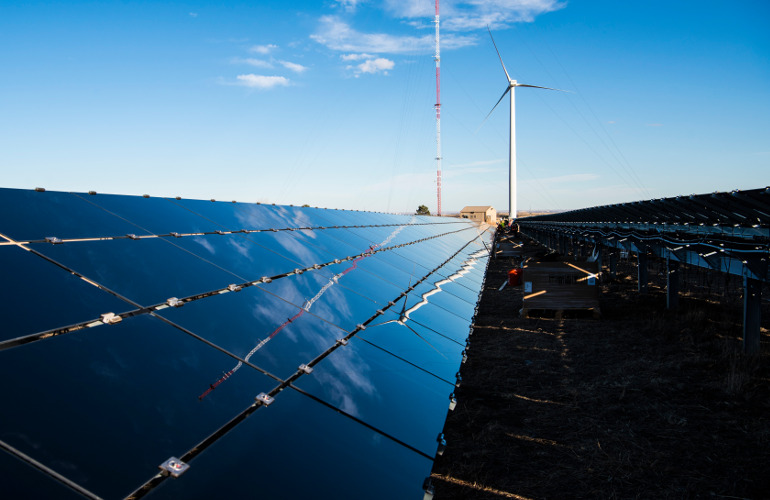 January 10, 2018 - First Solar, a NREL research partner has installed a small PV array used as part of ESI research ongoing at the NWTC.  (Photo by Dennis Schroeder / NREL)