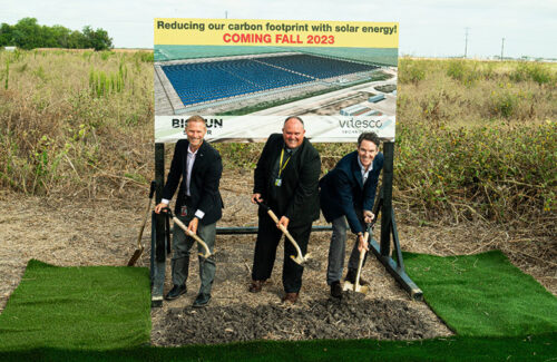 Photo from the groundbreaking ceremony, featuring (left to right) Sean Alvarez, Chief Operating Officer, GVEC; Richard Anderson, Vice President, Plant Manager, Vitesco Technologies; Robert Miggins, Cofounder and CEO, Big Sun Solar.